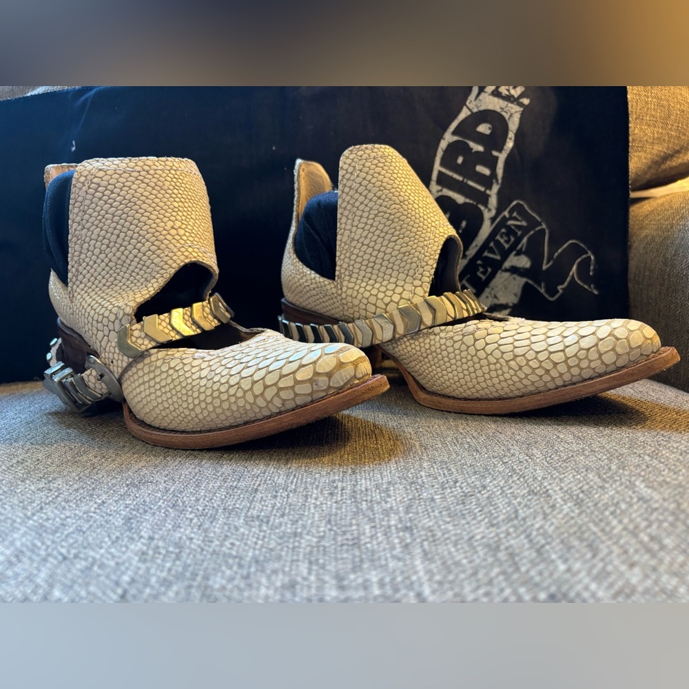 Freebird by Steven Cream Snake-Embossed Ankle Boots with Metallic Strap